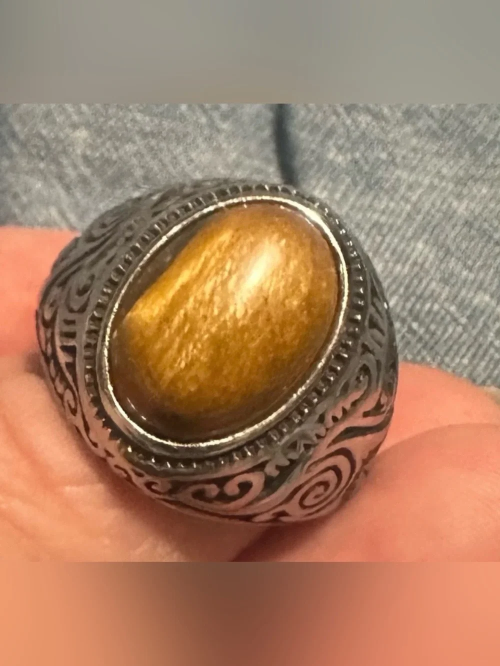 Sterling-Style Men's Ring with Tiger's Eye Stone - Brown